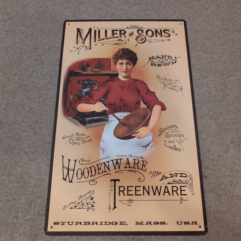 Miller and‎ Sons Woodenware Treenware Metal Sign Sturbridge Mass Vintage Style